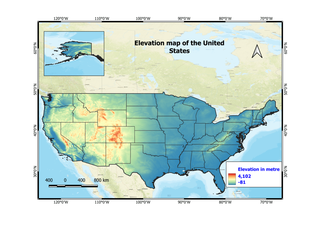 Elevation map of the United States