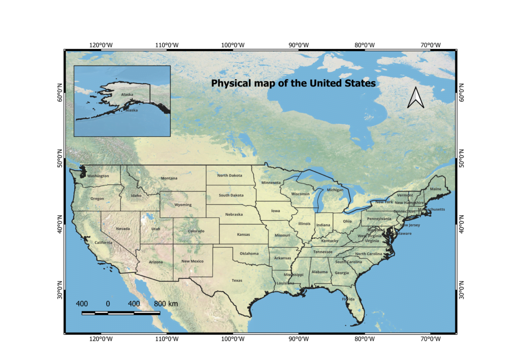 Physical map of the United States